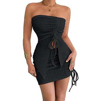 Seoria Strapless Neck Sleeveless Ruched Bodycon Mini Dress for Women