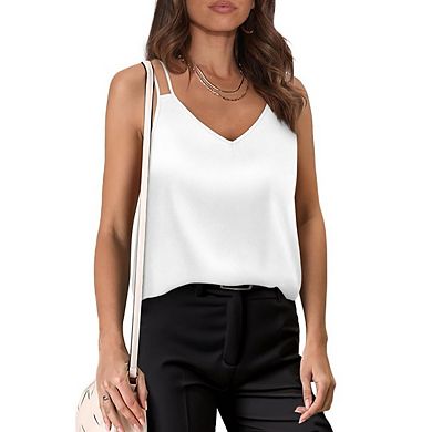 Women's Double Spaghetti Strap V Neck Tank Tops Loose Casual Sleeveless Solid Color Top