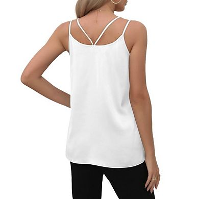 Women's Double Spaghetti Strap V Neck Tank Tops Loose Casual Sleeveless Solid Color Top