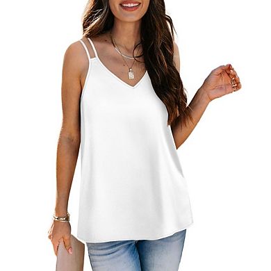 Women's Double Spaghetti Strap V Neck Tank Tops Loose Casual Sleeveless Solid Color Top