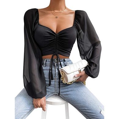 Women's Drawstring V Neck Ruched Lantern Long Sleeve Tie Back Crop Top Blouse