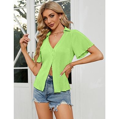 Women V Neck Short Sleeve Collared Button Down Y2k Casual Blouse