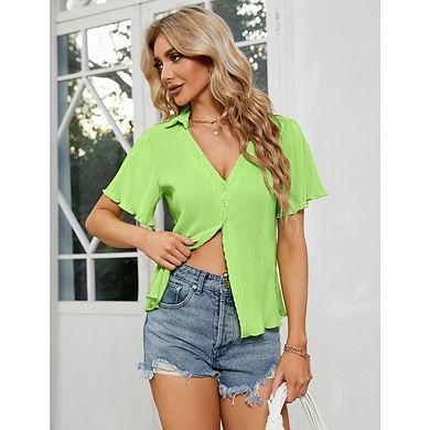 Women V Neck Short Sleeve Collared Button Down Y2k Casual Blouse