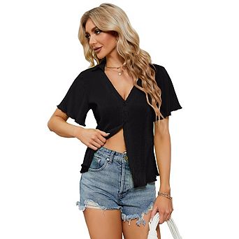 Women V Neck Short Sleeve Collared Button Down Y2k Casual Blouse