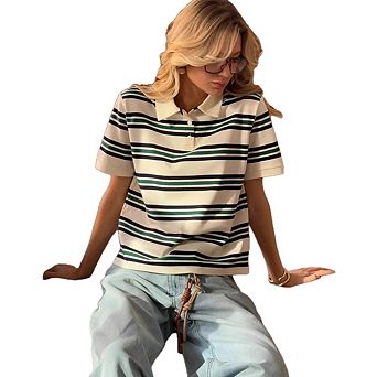 Women Y2K Striped Colorblock Button Up Polo T-Shirt Short Sleeve Loose Fit Preppy Aesthetic Tee Tops