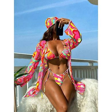 Women's 3 Piece Swimsuits Allover Print Halter Triangle Bikini Bathing Suit