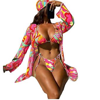 Women's 3 pc Swimsuits Allover Print Halter Triangle Bikini Bathing Suit