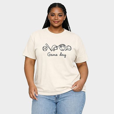 Embroidered Baseball Game Day Icons - Women's Plus Sized Garment Dyed Graphic T-Shirt