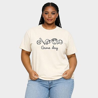 Embroidered Baseball Game Day Icons - Women's Plus Sized Garment Dyed Graphic T-Shirt