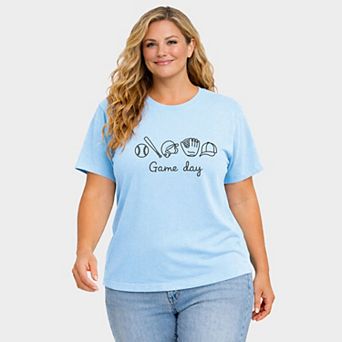 Embroidered Baseball Game Day Icons - Women's Plus Sized Garment Dyed Graphic T-Shirt
