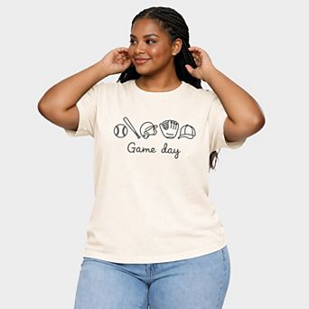 Embroidered Baseball Game Day Icons - Women's Plus Sized Garment Dyed Graphic T-Shirt