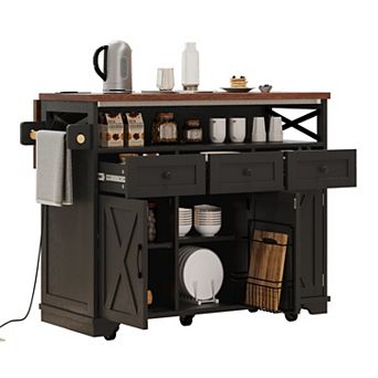 Pnronnc Farmhouse Rolling Kitchen Island Pantry Cabinet Cooking Station with Drape of Beads