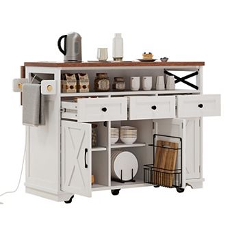 Pnronnc Farmhouse Rolling Kitchen Island Pantry Cabinet Cooking Station with Drape of Beads