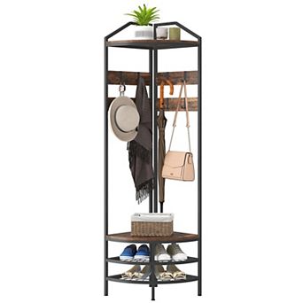 Pnronnc 4 tier Cube Coat Rack Corner Hall Tree 3-in-1 Linen Tower Cabinet with Shoe Storage & Hooks