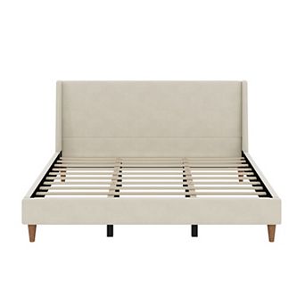Pnronnc Beige Velvet Upholstered Platform Bed with Wingback Headboard Low Profile Bed