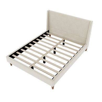 Pnronnc Beige Velvet Upholstered Platform Bed with Wingback Headboard Low Profile Bed