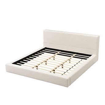 King Size Upholstered Platform Bed Frame with Low Linen Thick Headboard and Footboard