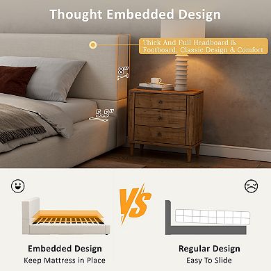 King Size Upholstered Platform Bed Frame with Low Linen Thick Headboard and Footboard
