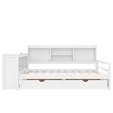 Pnronnc Corner Daybed Twin Size Storage Platform Bed with Desk, Bookcase, Charging Port, Drawers