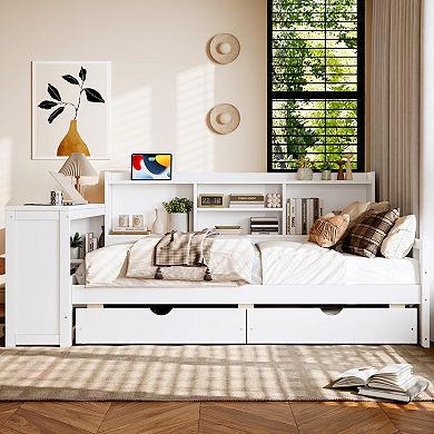 Pnronnc Corner Daybed Twin Size Storage Platform Bed with Desk, Bookcase, Charging Port, Drawers