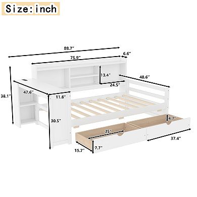 Pnronnc Corner Daybed Twin Size Storage Platform Bed with Desk, Bookcase, Charging Port, Drawers