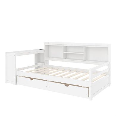 Pnronnc Corner Daybed Twin Size Storage Platform Bed with Desk, Bookcase, Charging Port, Drawers