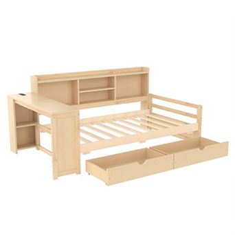 Pnronnc Corner Daybed Twin Size Storage Platform Bed with Desk, Bookcase, Charging Port, Drawers