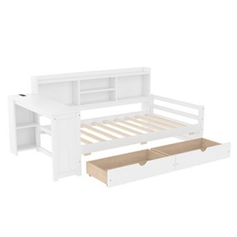 Pnronnc Corner Daybed Twin Size Storage Platform Bed with Desk, Bookcase, Charging Port, Drawers