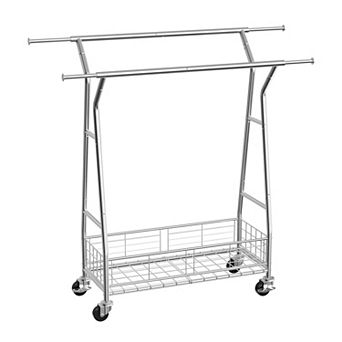 Pnronnc Rolling Clothes Rack Clothing Garment Rack with 2 Hanging Rods and Storage Basket