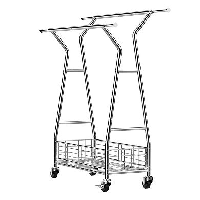 Pnronnc Rolling Clothes Rack Clothing Garment Rack with 2 Hanging Rods and Storage Basket