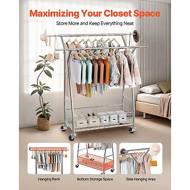 Pnronnc Rolling Clothes Rack Clothing Garment Rack with 2 Hanging Rods and Storage Basket