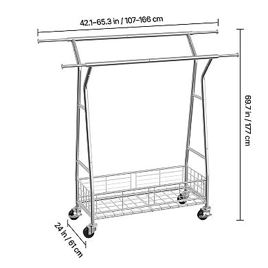 Pnronnc Rolling Clothes Rack Clothing Garment Rack with 2 Hanging Rods and Storage Basket
