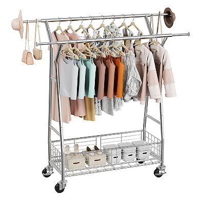 Pnronnc Rolling Clothes Rack Clothing Garment Rack with 2 Hanging Rods and Storage Basket