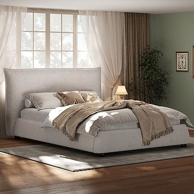Twin Size Upholstered Platform Bed with Linen Fabric Pillow-Back Headboard