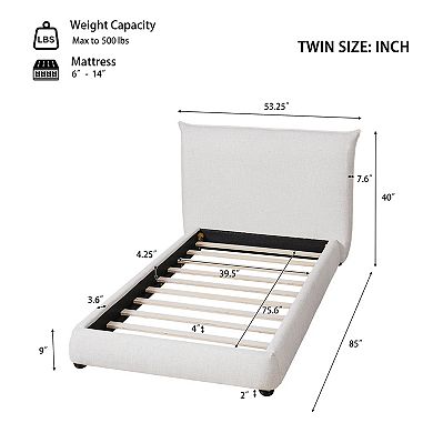 Twin Size Upholstered Platform Bed with Linen Fabric Pillow-Back Headboard