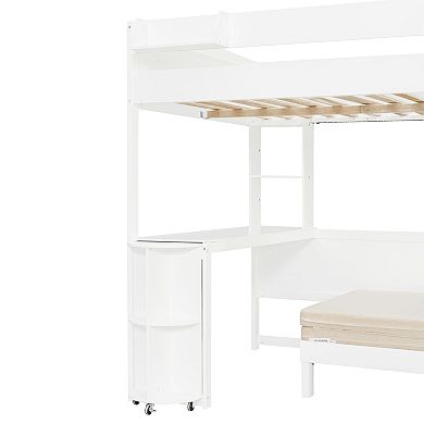 Pnronnc All-in-one Loft Bed with L-Shaped Desk, Bedside Storage Shelf, Folding Sofa and LED Light