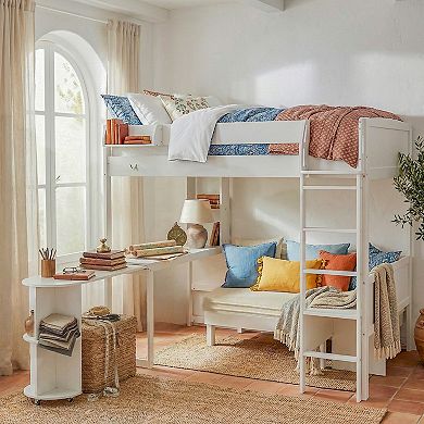Pnronnc All-in-one Loft Bed with L-Shaped Desk, Bedside Storage Shelf, Folding Sofa and LED Light