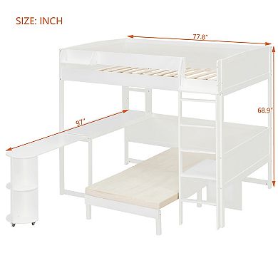 Pnronnc All-in-one Loft Bed with L-Shaped Desk, Bedside Storage Shelf, Folding Sofa and LED Light