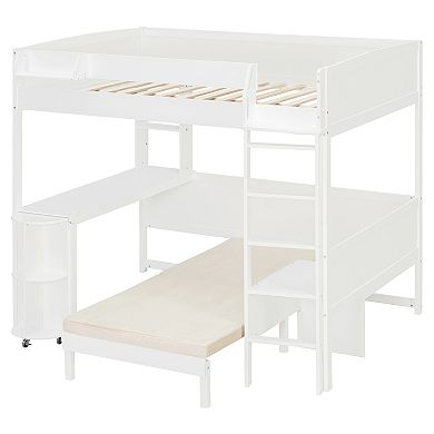 Pnronnc All-in-one Loft Bed with L-Shaped Desk, Bedside Storage Shelf, Folding Sofa and LED Light