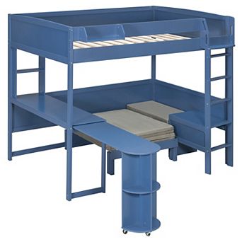Pnronnc All-in-one Loft Bed with L-Shaped Desk, Bedside Storage Shelf, Folding Sofa and LED Light