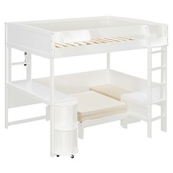Pnronnc All-in-one Loft Bed with L-Shaped Desk, Bedside Storage Shelf, Folding Sofa and LED Light