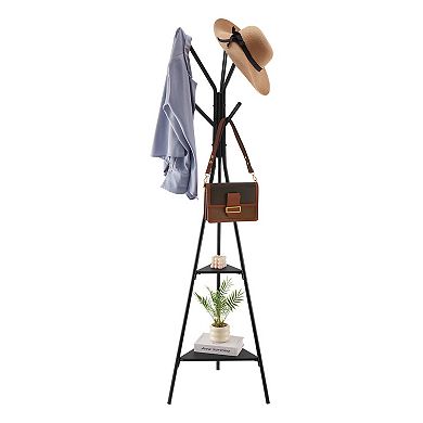Pnronnc Coat Rack Hall Tree Freestanding Clothes Hanging Racks with 2 Shelves and 6 Hooks