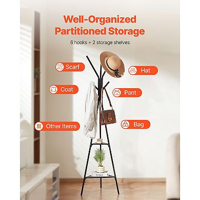 Pnronnc Coat Rack Hall Tree Freestanding Clothes Hanging Racks with 2 Shelves and 6 Hooks