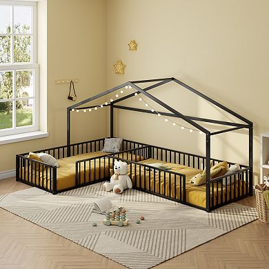 Pnronnc Montessori Floor Bed Twin Size Corner House Bed Frame L-Shaped Grounded Bed for 2