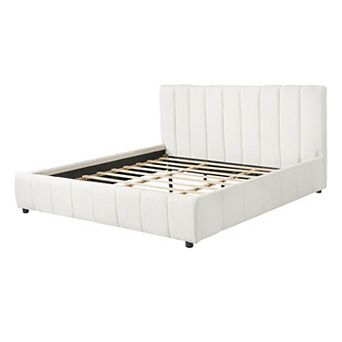 King Size Platform Bed Boucle Fabric Upholstered Bed Frame with Thick Headboard