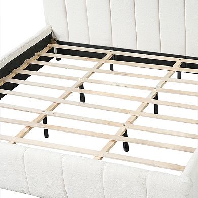 King Size Platform Bed Boucle Fabric Upholstered Bed Frame with Thick Headboard
