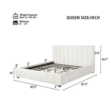 King Size Platform Bed Boucle Fabric Upholstered Bed Frame with Thick Headboard