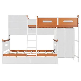Pnronnc Twin Over Full Bunk Bed Wooden Frame Daybed and Platform Bed with Wardrobe, Drawers and LED