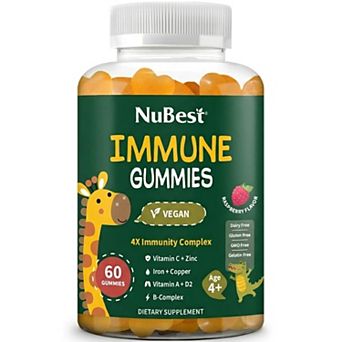 Immune Gummies - Kids Immune Booster with Iron, Zinc, Vit C, D2, A & B-Complex, 60 Raspberry Gummies
