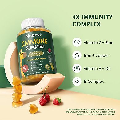 Immune Gummies - Kids Immune Booster with Iron, Zinc, Vit C, D2, A & B-Complex, 60 Raspberry Gummies